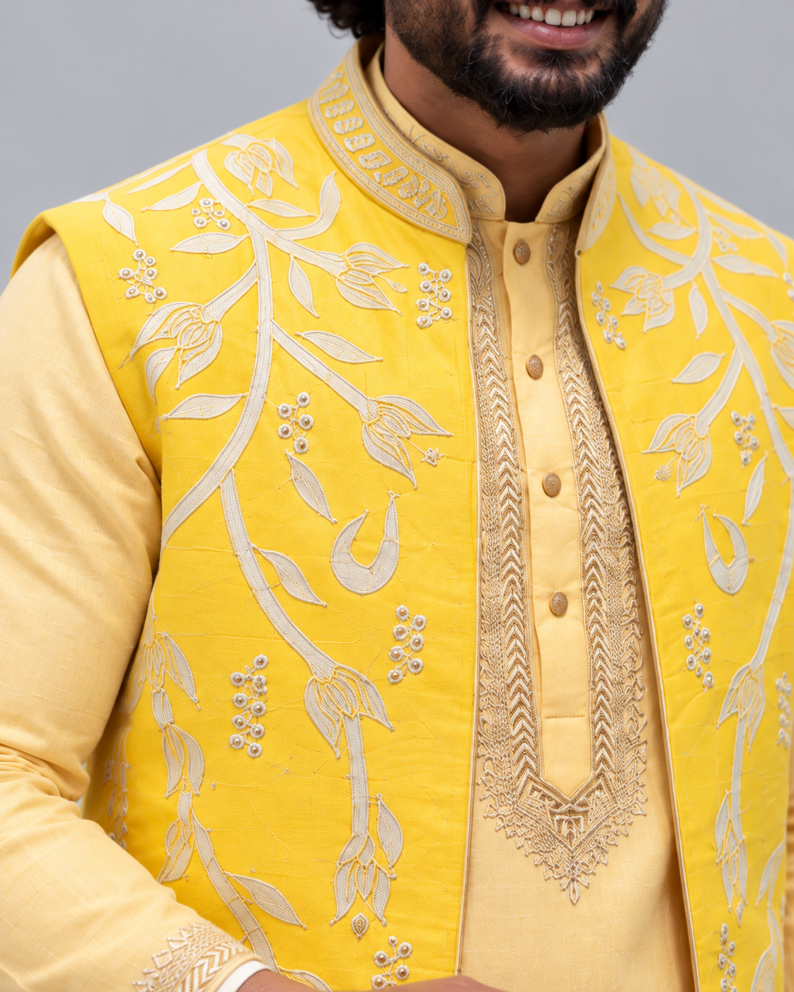 Lemon Yellow Floral Embroidered Nehru Jacket