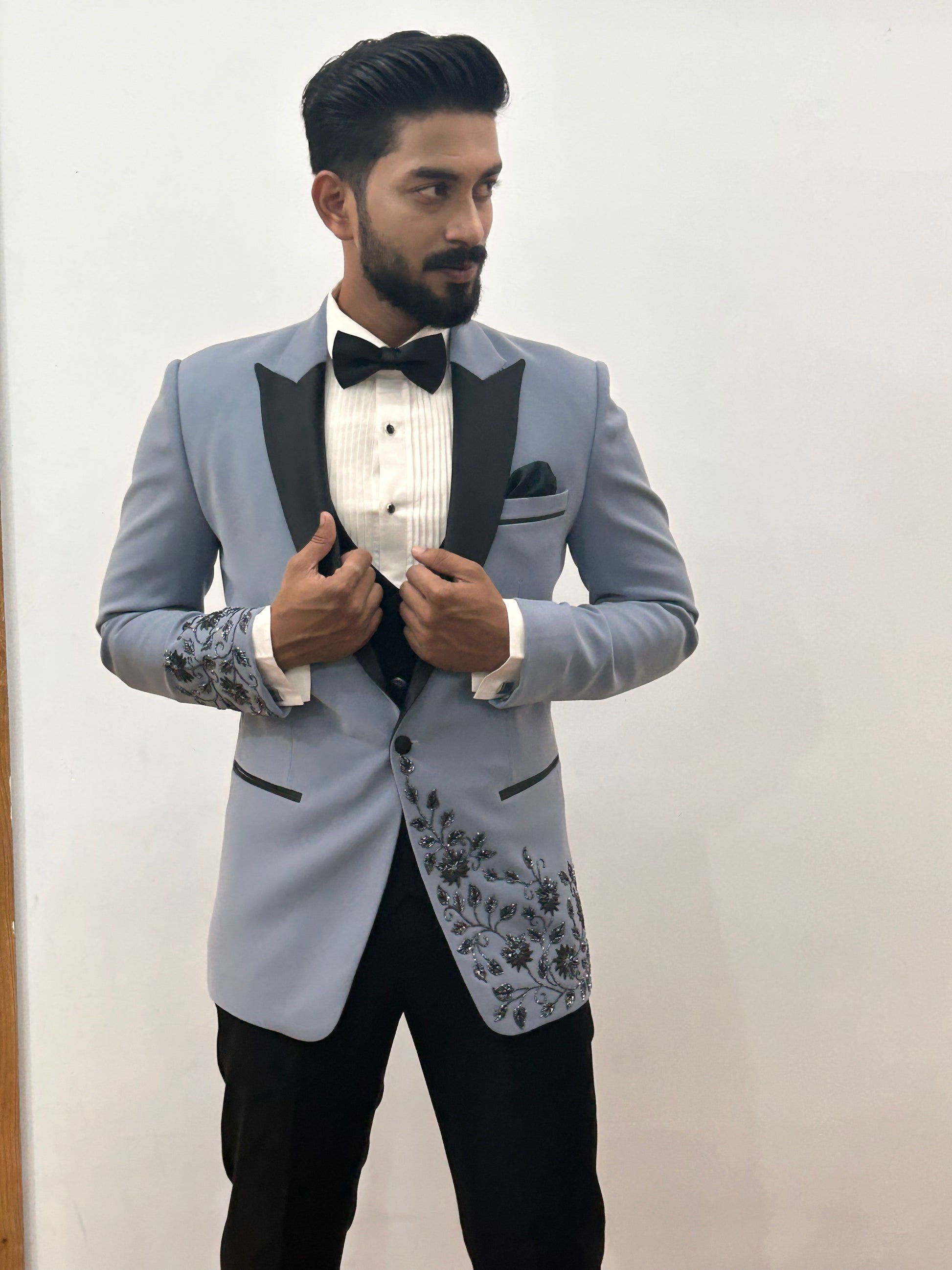 Grey Floral embroidered Tuxedo with Trousers