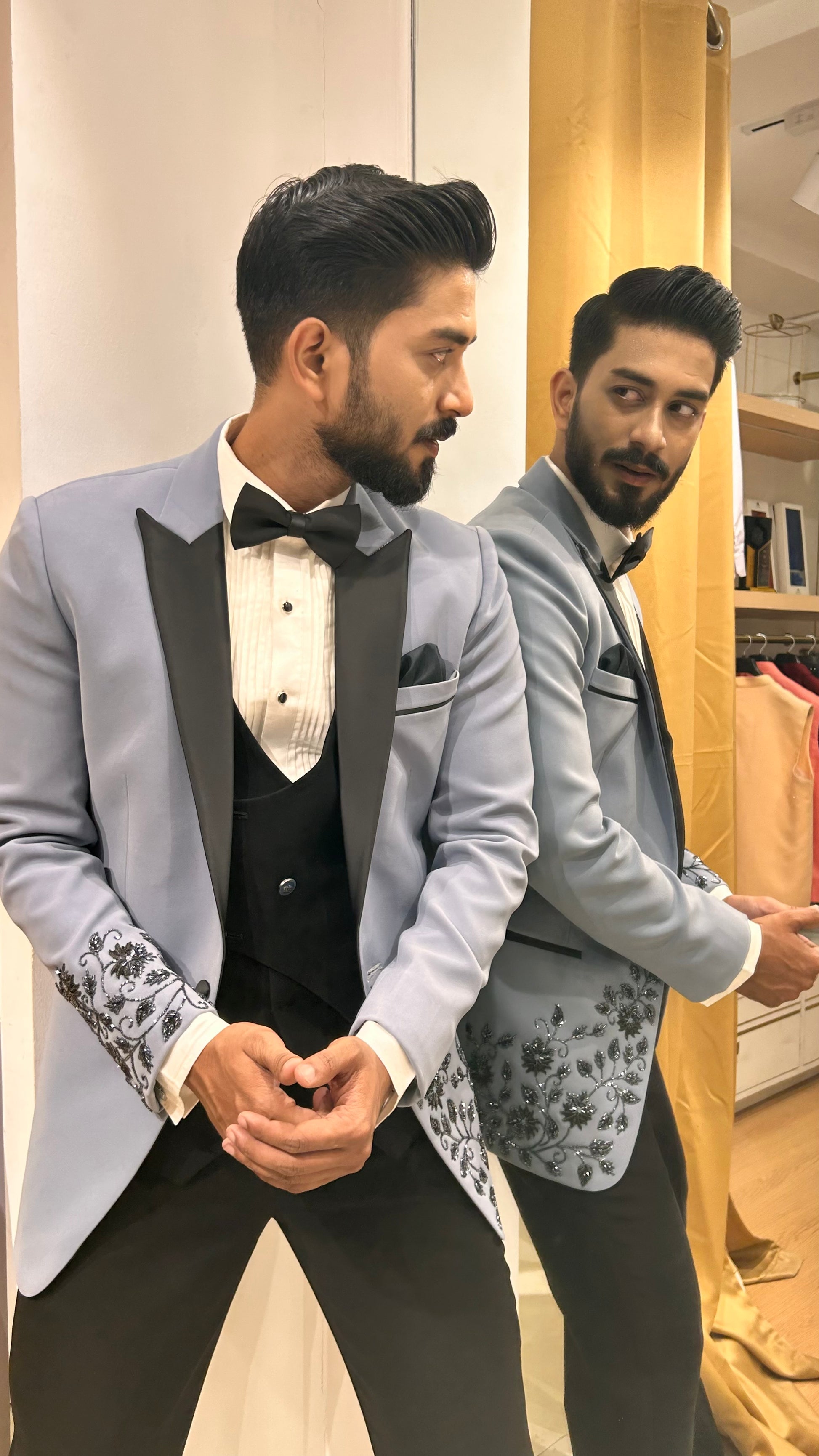 Grey Floral embroidered Tuxedo with Trousers