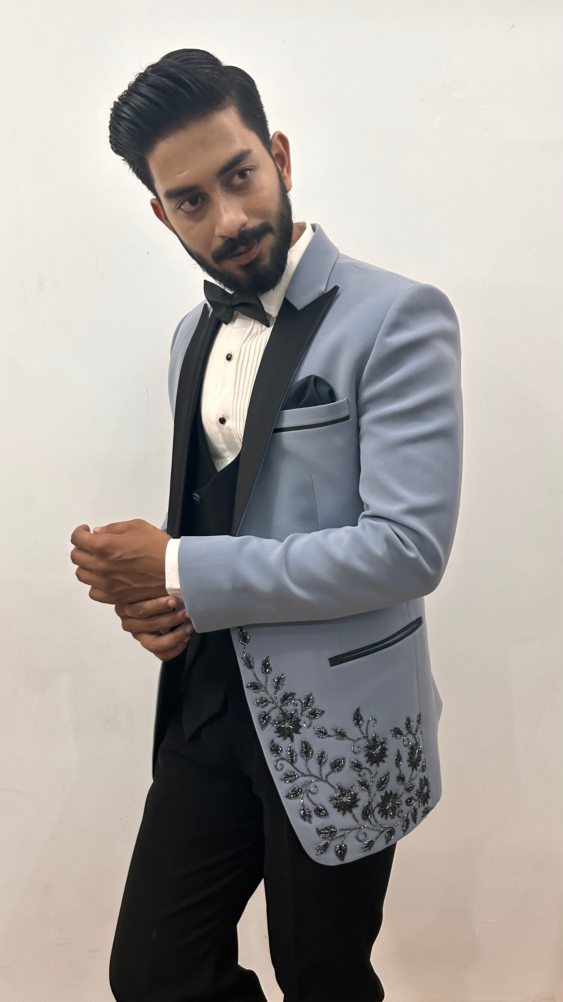 Grey Floral embroidered Tuxedo with Trousers
