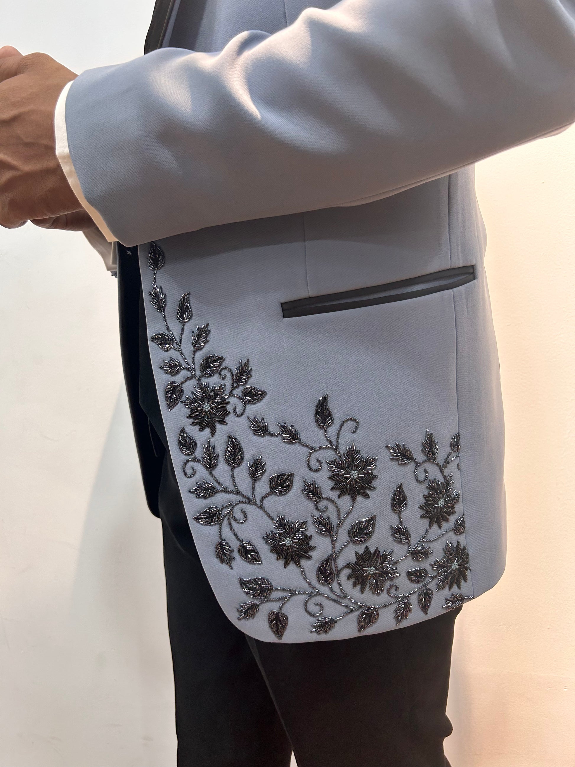 Grey Floral embroidered Tuxedo with Trousers