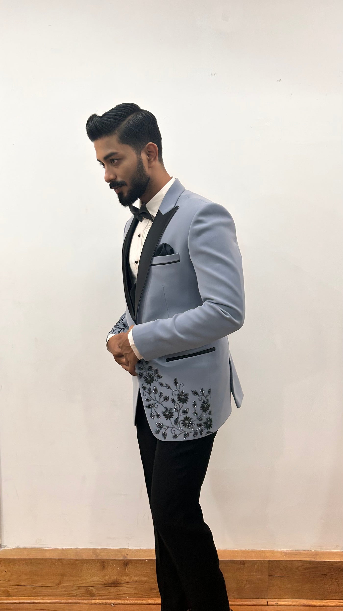Grey Floral embroidered Tuxedo with Trousers
