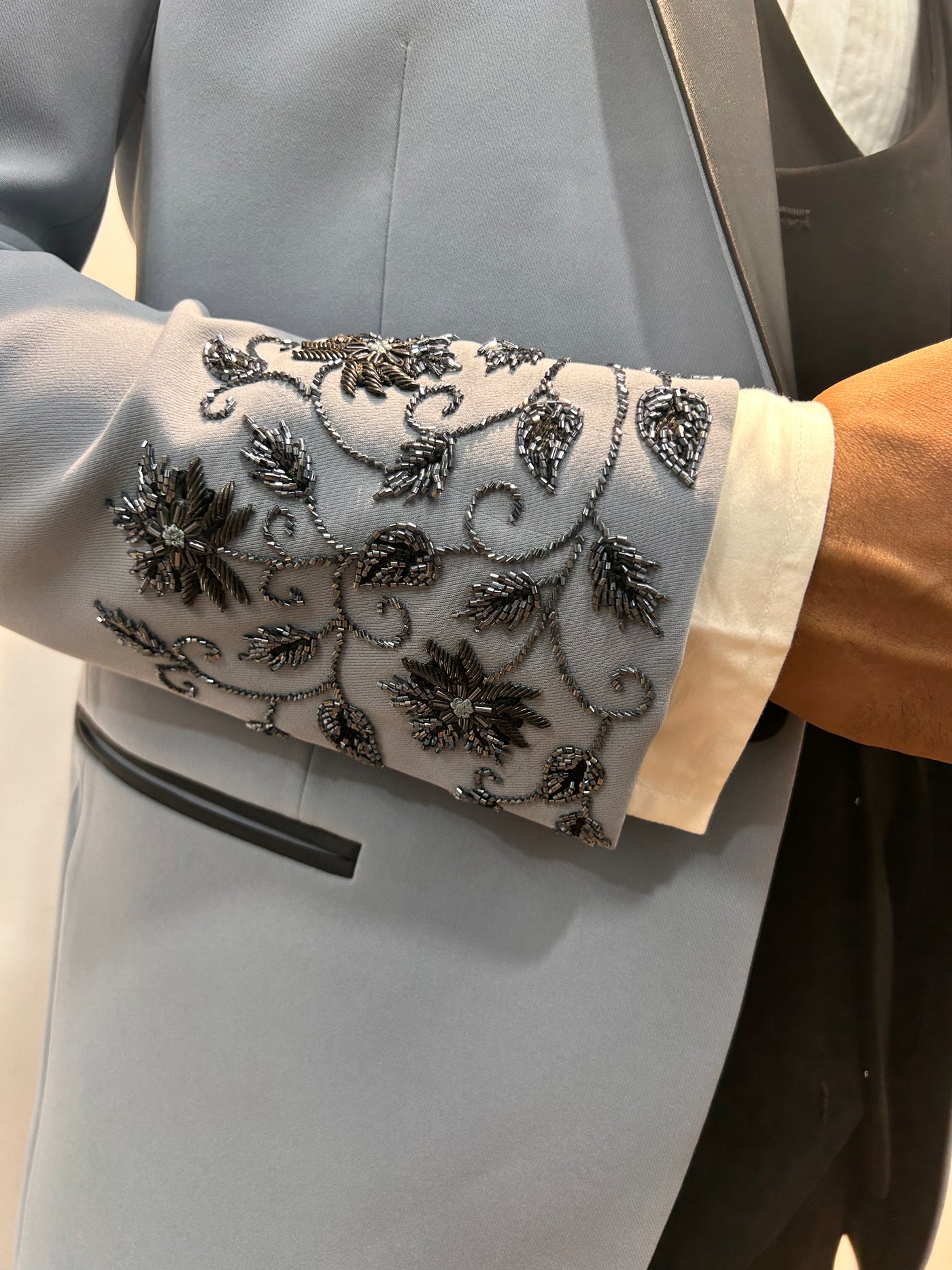 Grey Floral embroidered Tuxedo with Trousers