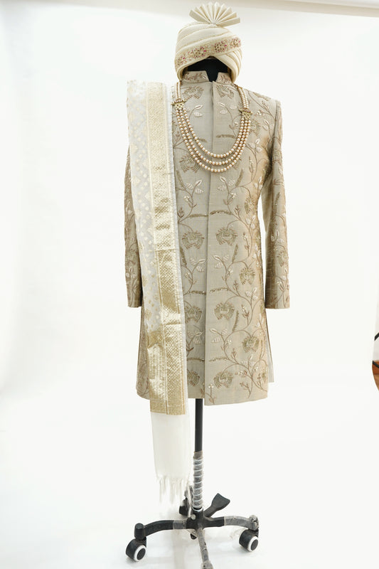 Pure raw silk handcrafted beige sherwani