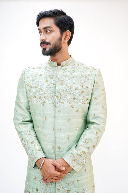 Green colour embroidered designer sherwani