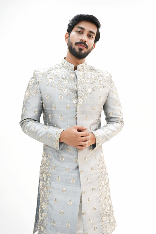 Light grey heavy maggam work sherwani