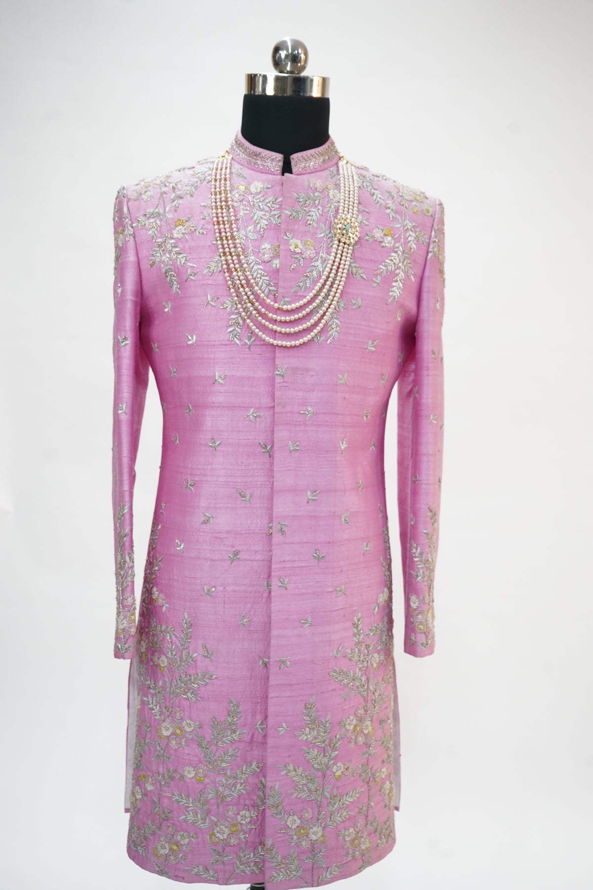 Medium pink silver and gold zardozi work sherwani