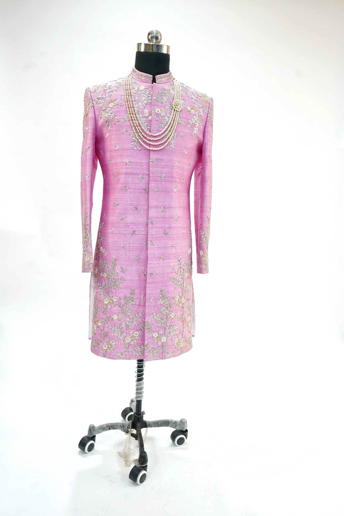Medium pink silver and gold zardozi work sherwani