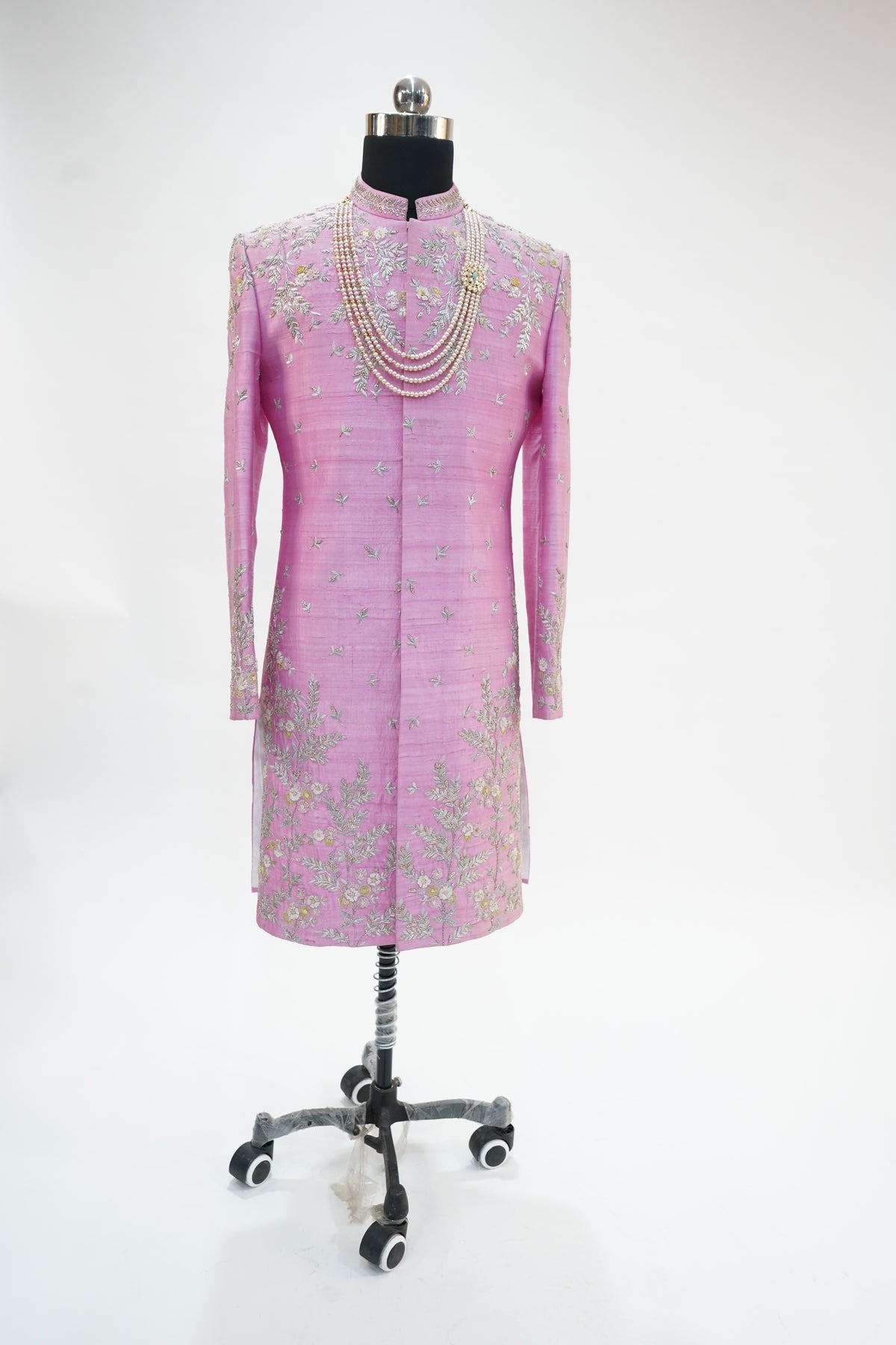 Medium pink silver and gold zardozi work sherwani