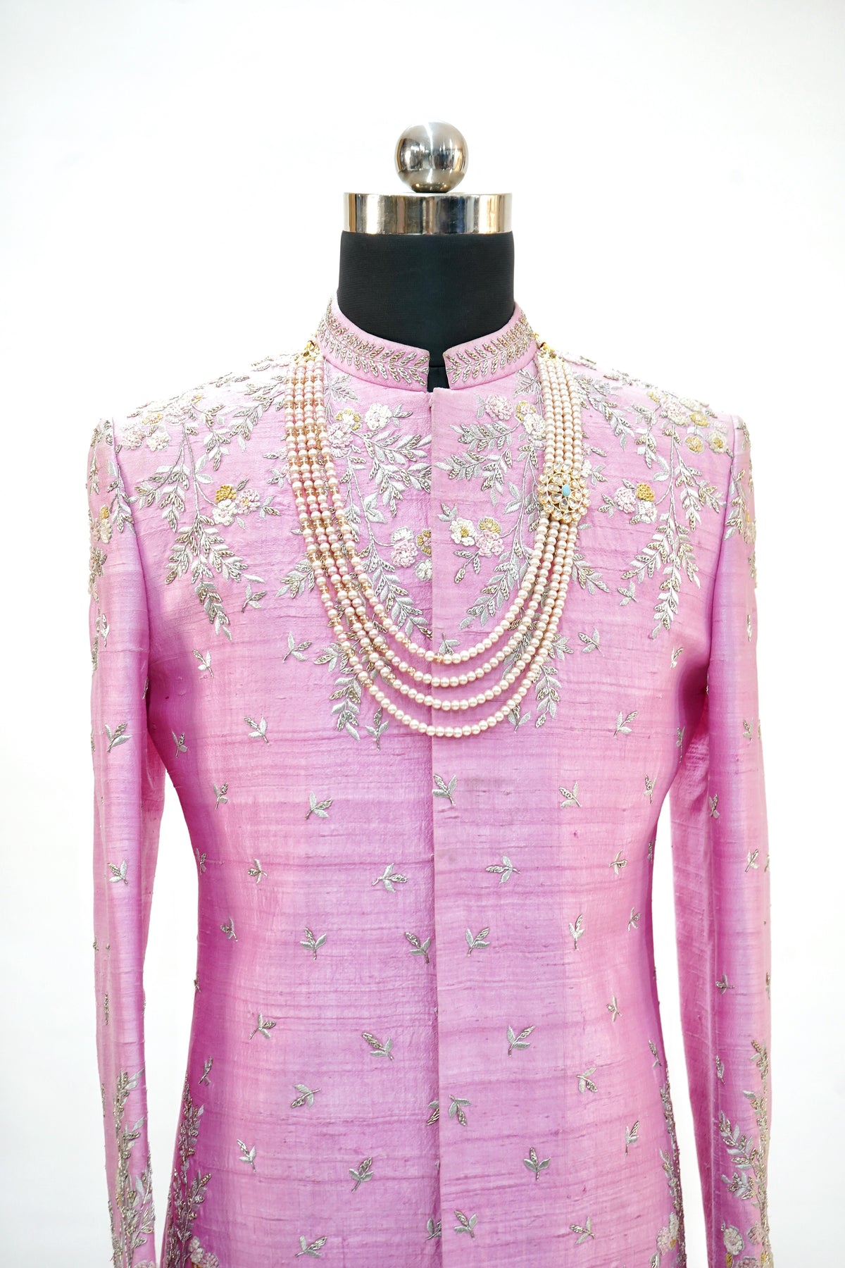 Medium pink silver and gold zardozi work sherwani