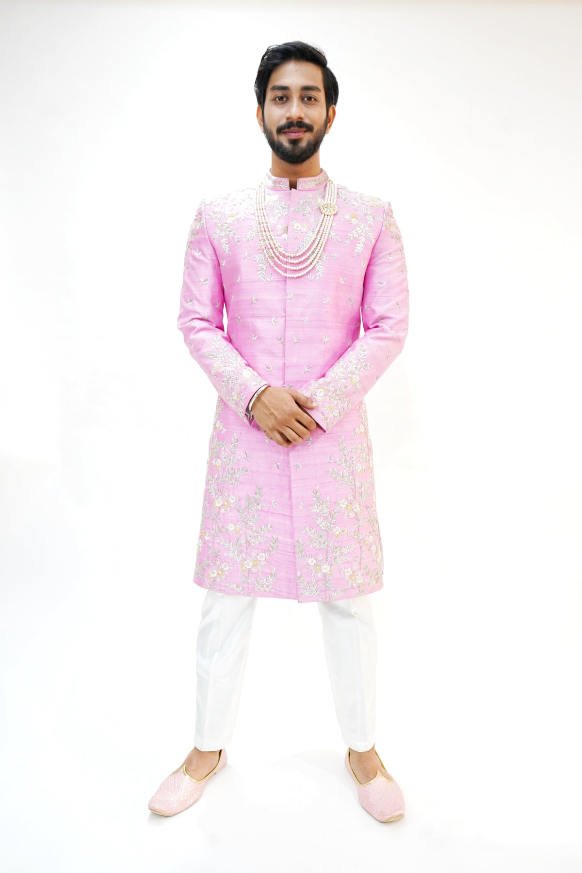 Medium pink silver and gold zardozi work sherwani