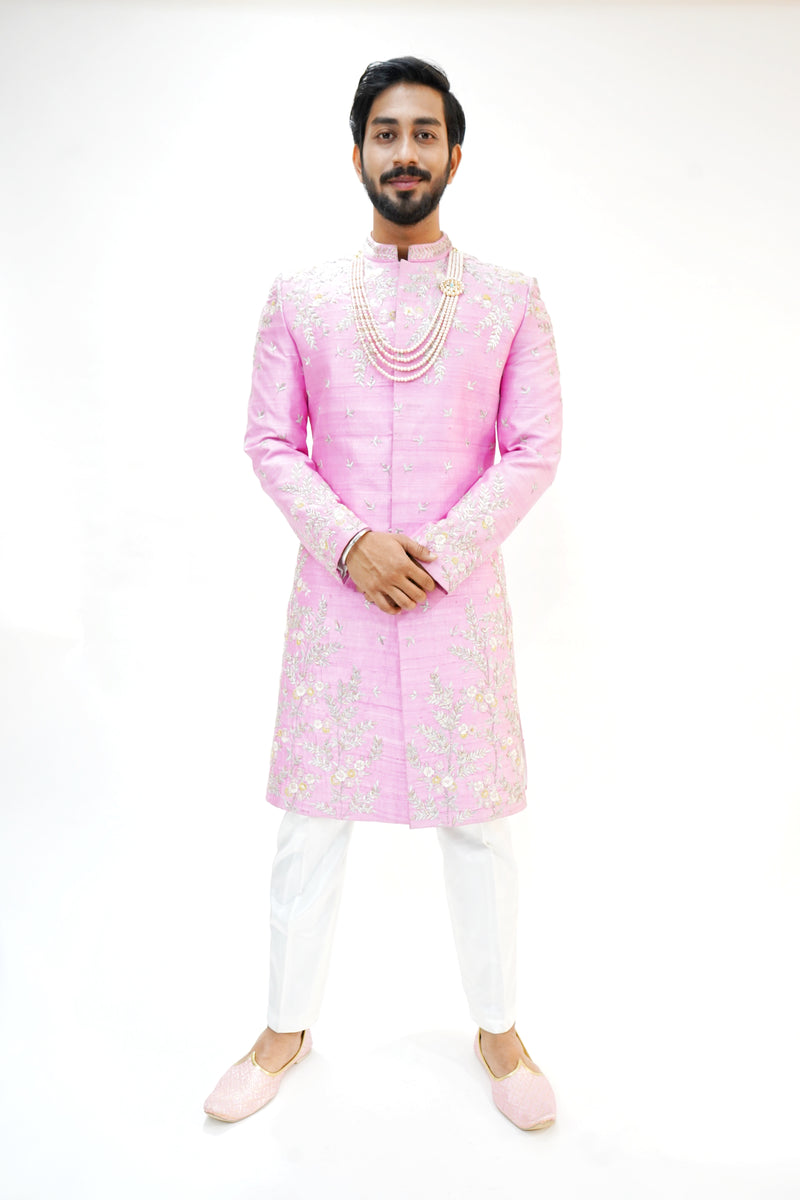 Medium pink silver and gold zardozi work sherwani