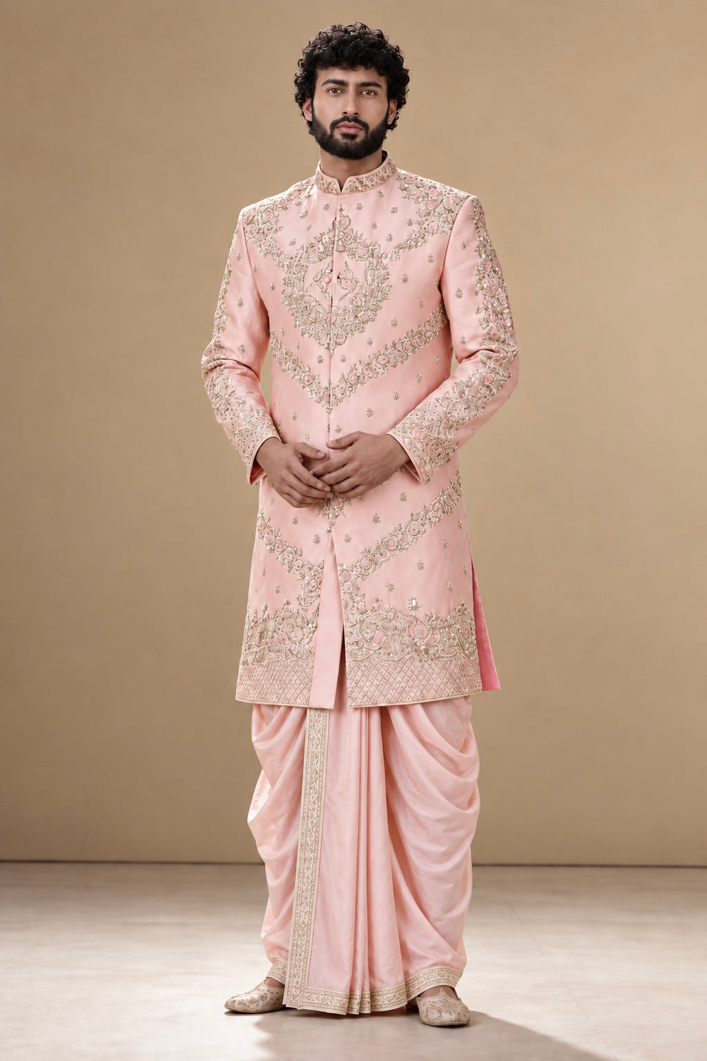 Men's Peach Wedding Sherwani with Matching Dhoti and Intricate Pelli Gold Work