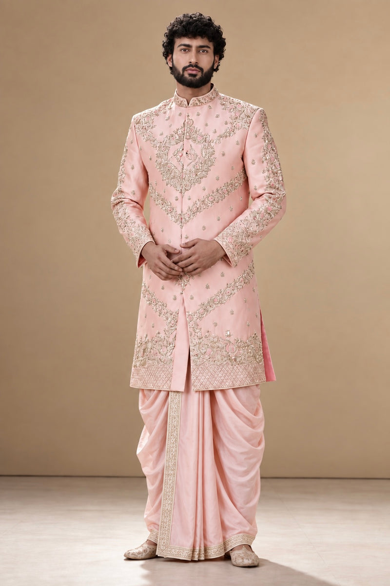 Men's Peach Wedding Sherwani with Matching Dhoti and Intricate Pelli Gold Work