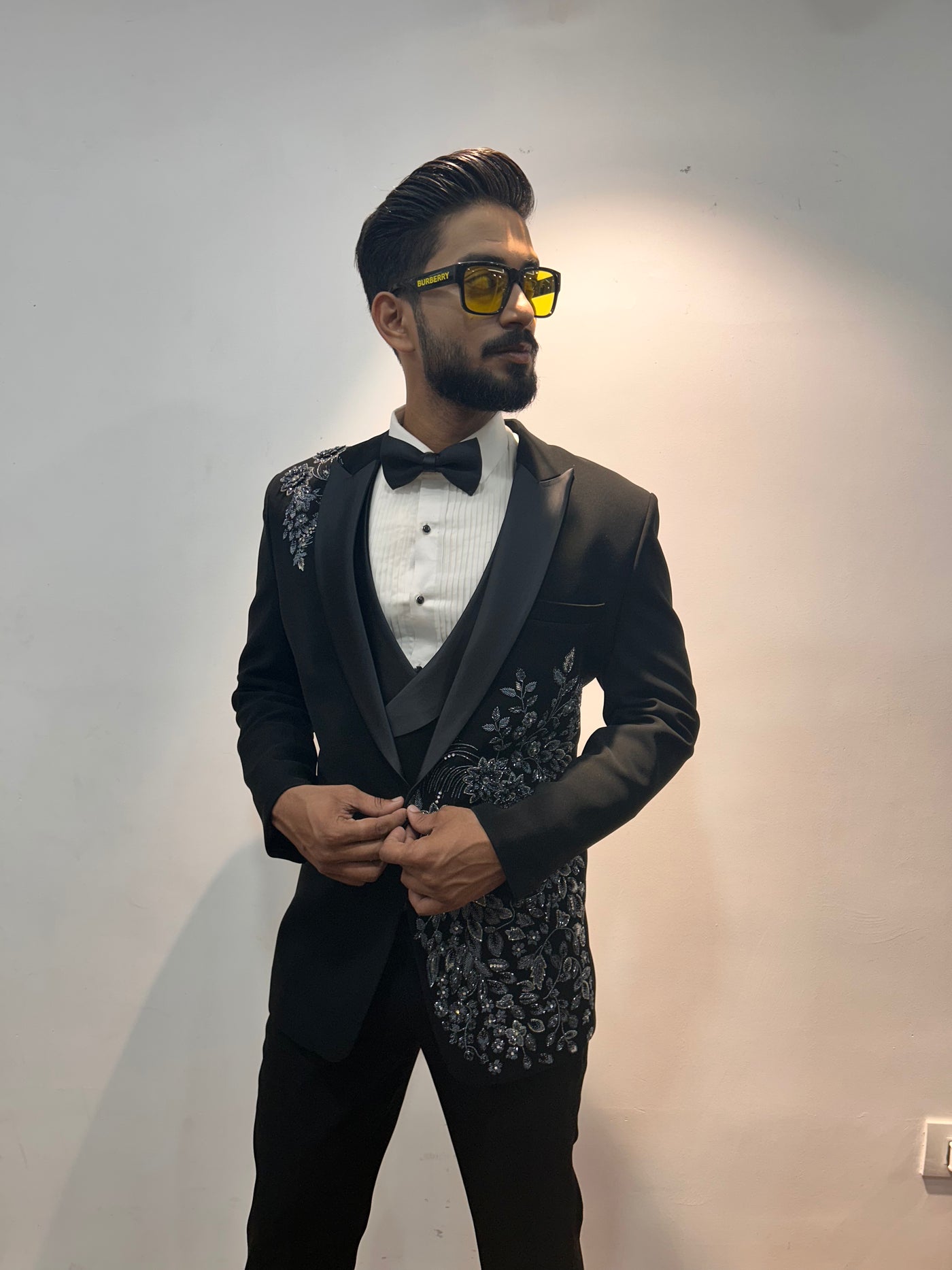 Black Floral embroidered Tuxedo with Trousers