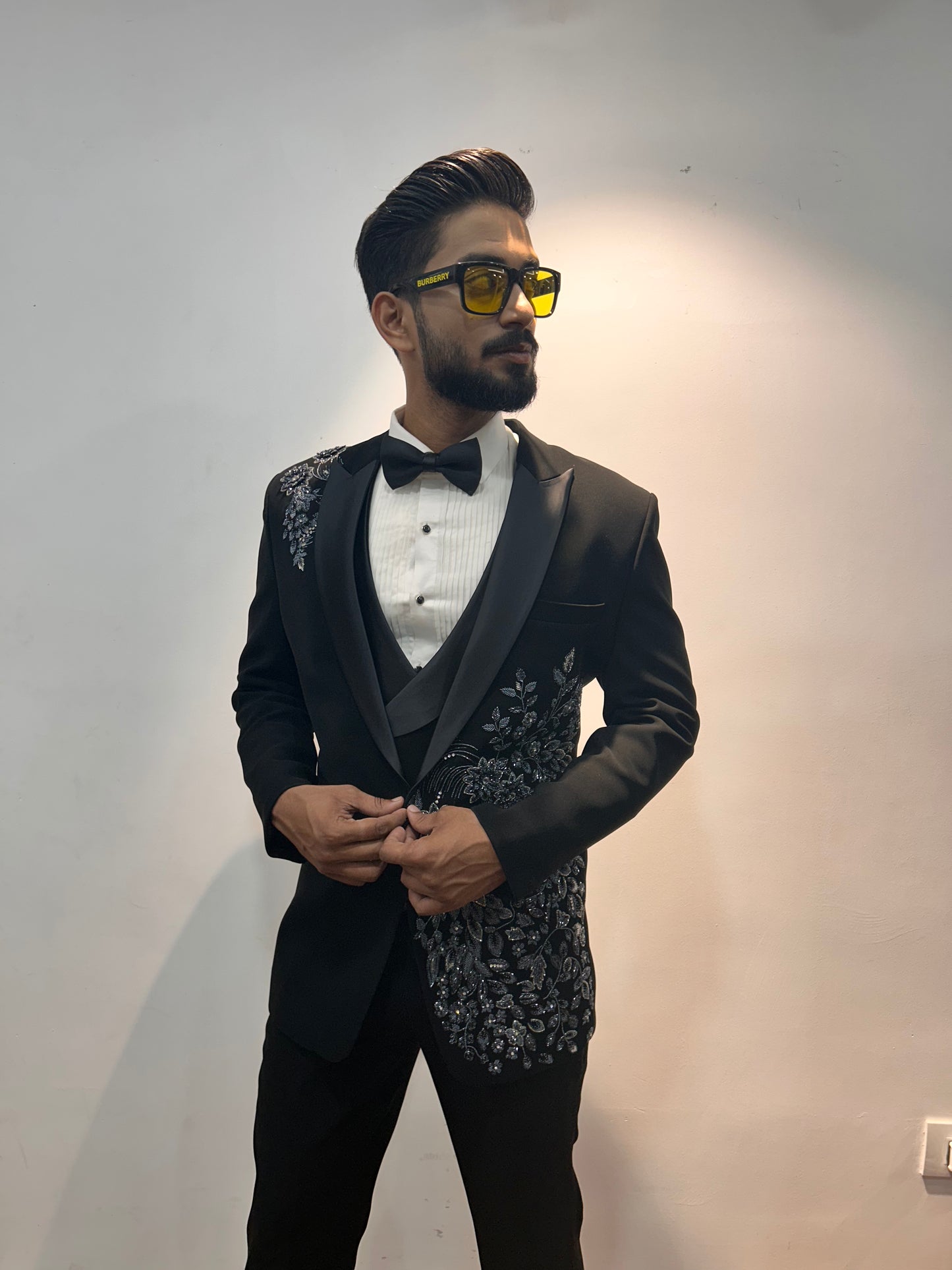 Black Floral Embroided Tuxedo with Trousers