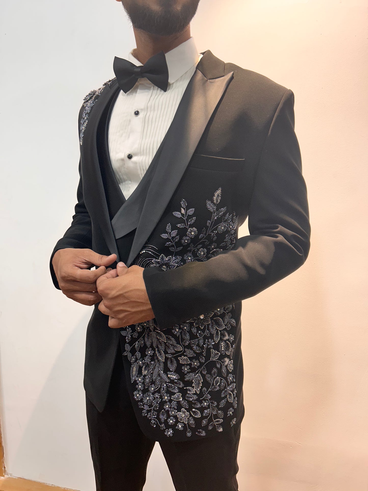 Black Floral Embroided Tuxedo with Trousers