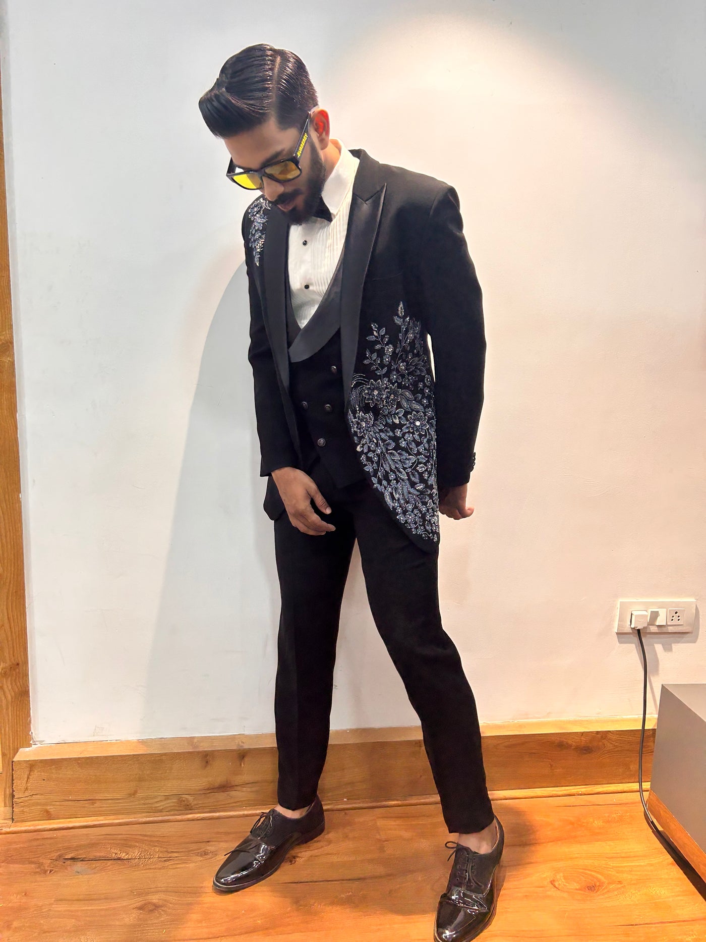 Black Floral embroidered Tuxedo with Trousers
