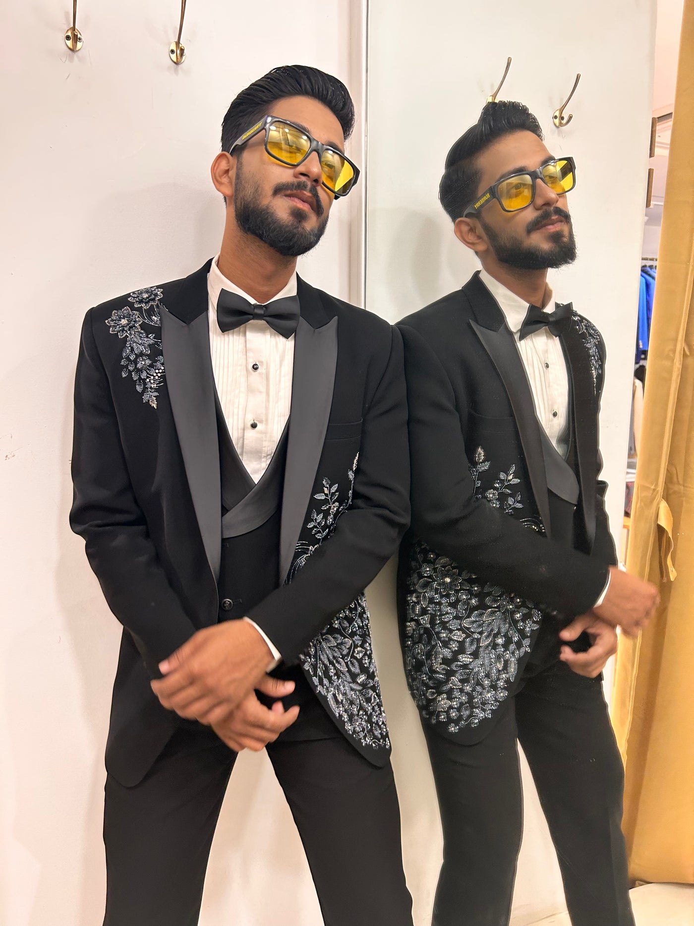 Black Floral embroidered Tuxedo with Trousers