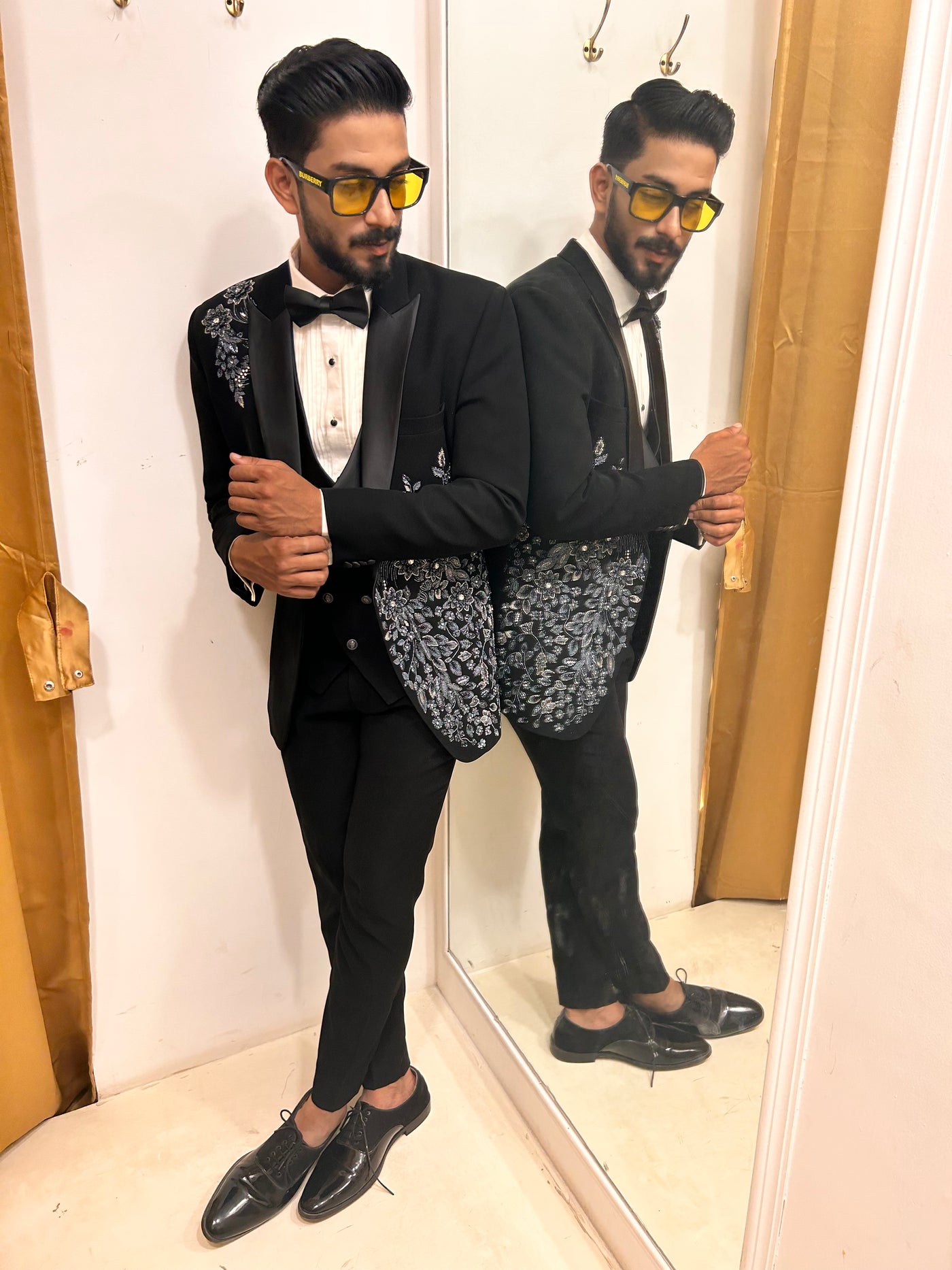 Black Floral embroidered Tuxedo with Trousers