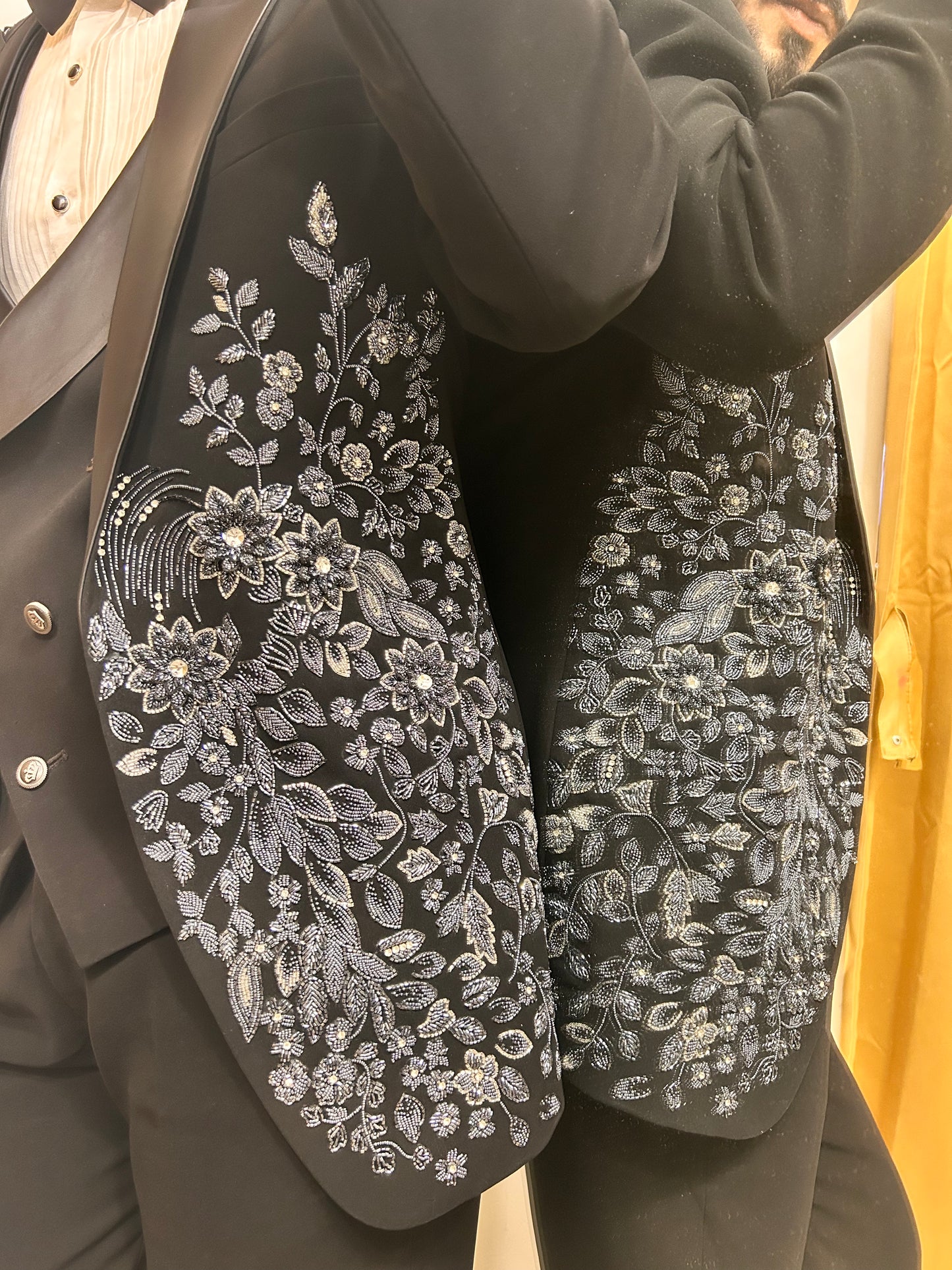 Black Floral Embroided Tuxedo with Trousers