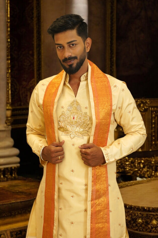 Ivory Gold Balaji Embroidered Pattu Pancha Set