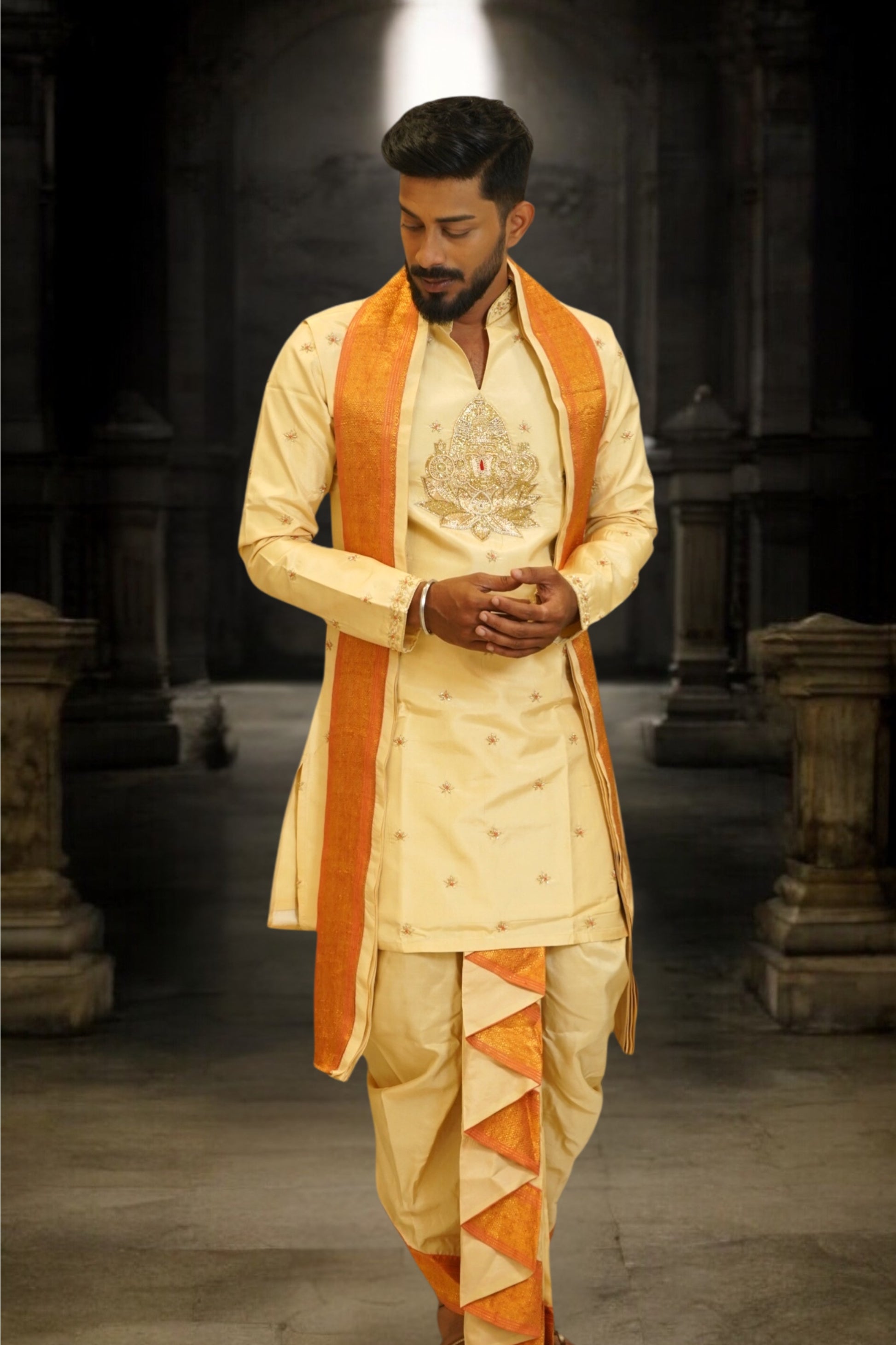Ivory Gold Balaji Embroidered Pattu Pancha Set