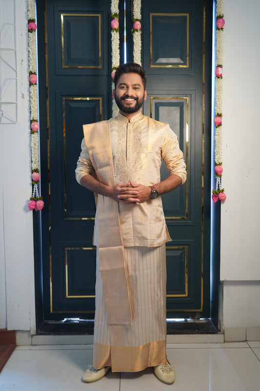 Kanchi tissue - pattu pancha set with zari detailed embroidery