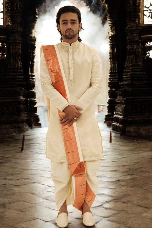 Light gold tissue Pattu Pancha set with Paithani border