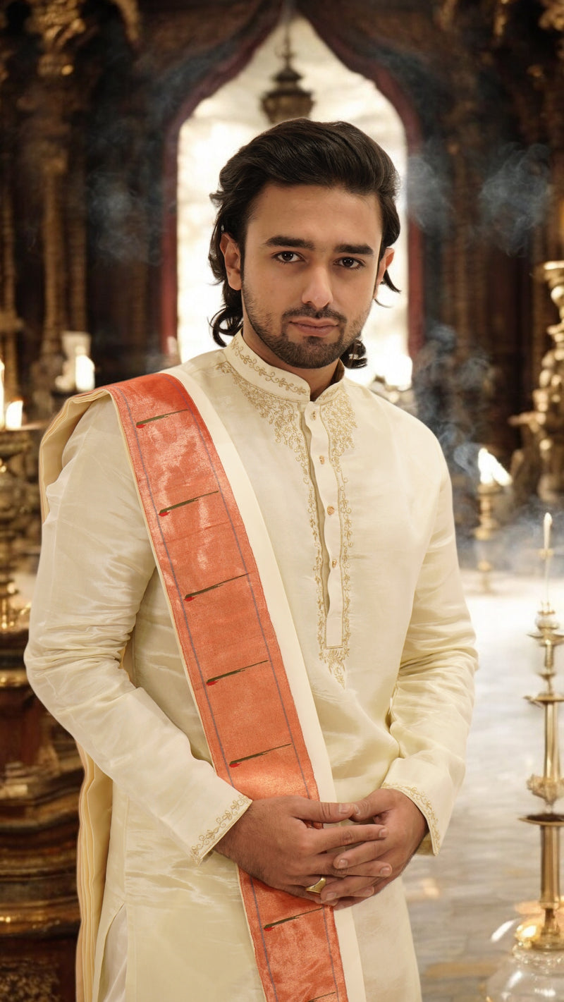 Light gold tissue Pattu Pancha set with Paithani border