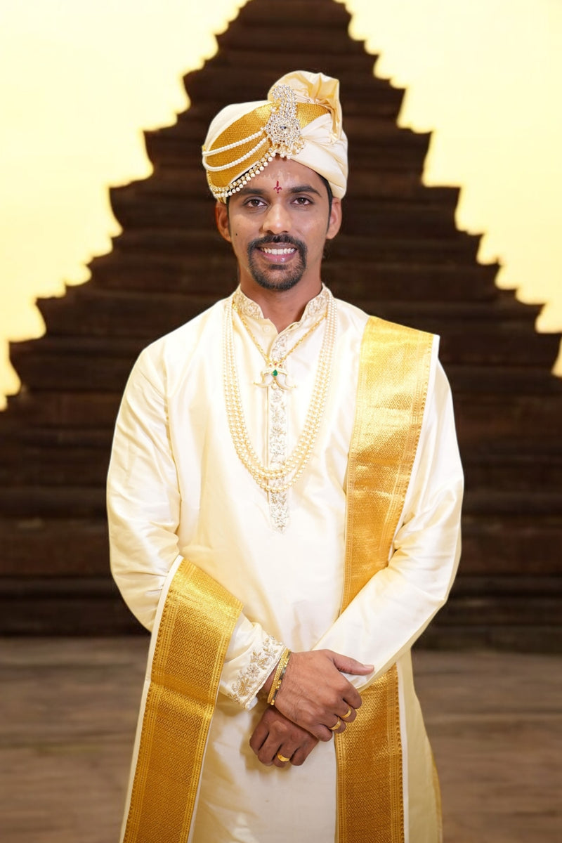 Men's Beige Cream Pure Pattu Kurta-Pancha Set