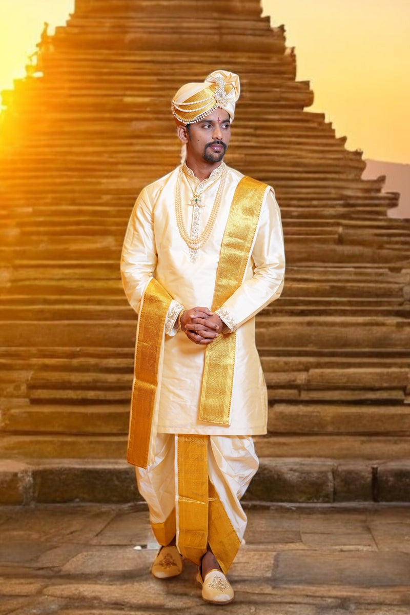Men's Beige Cream Pure Pattu Kurta-Pancha Set