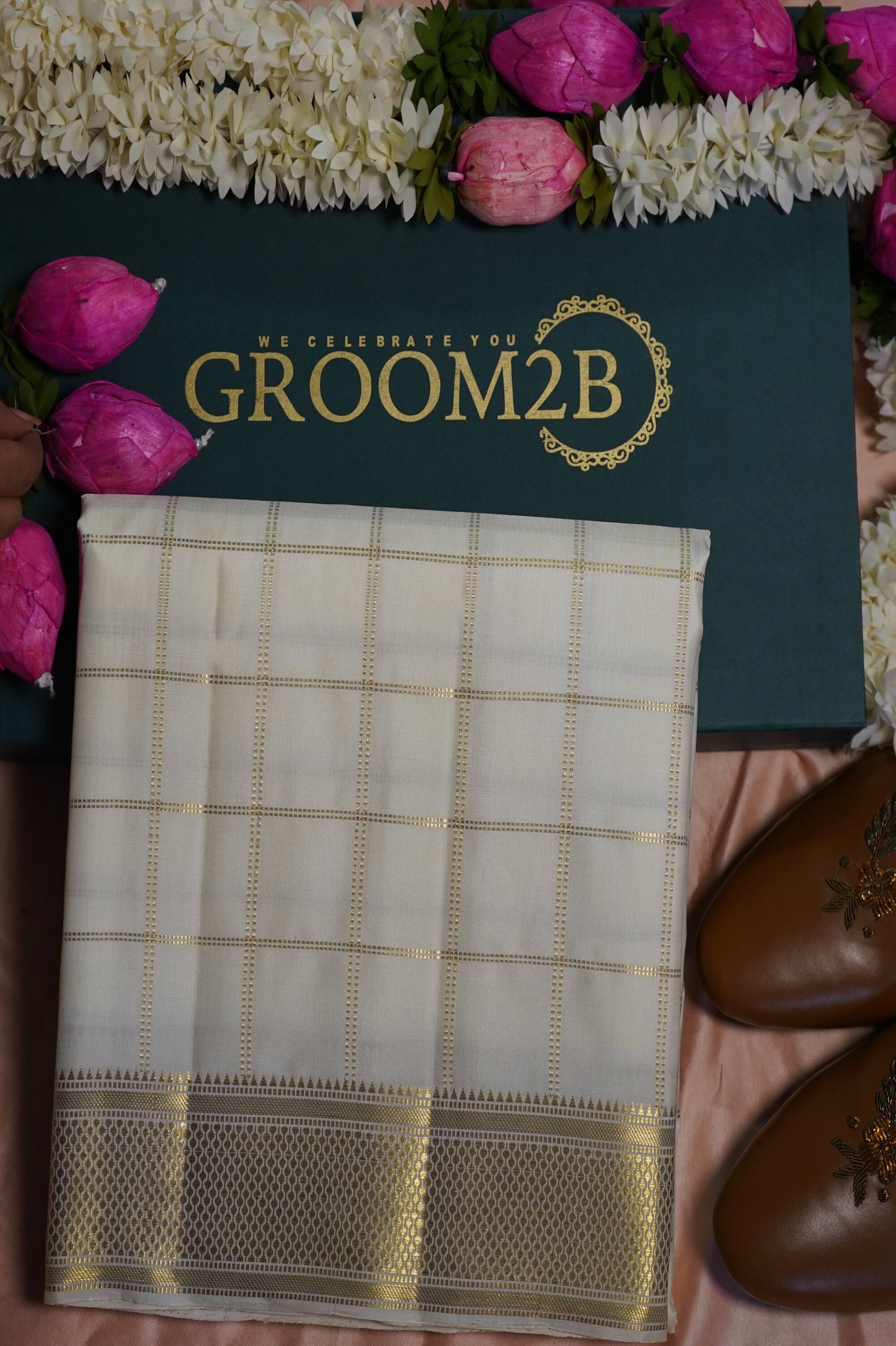 Men’s Pure Pattu Pancha in off white with kanchi cheques Set