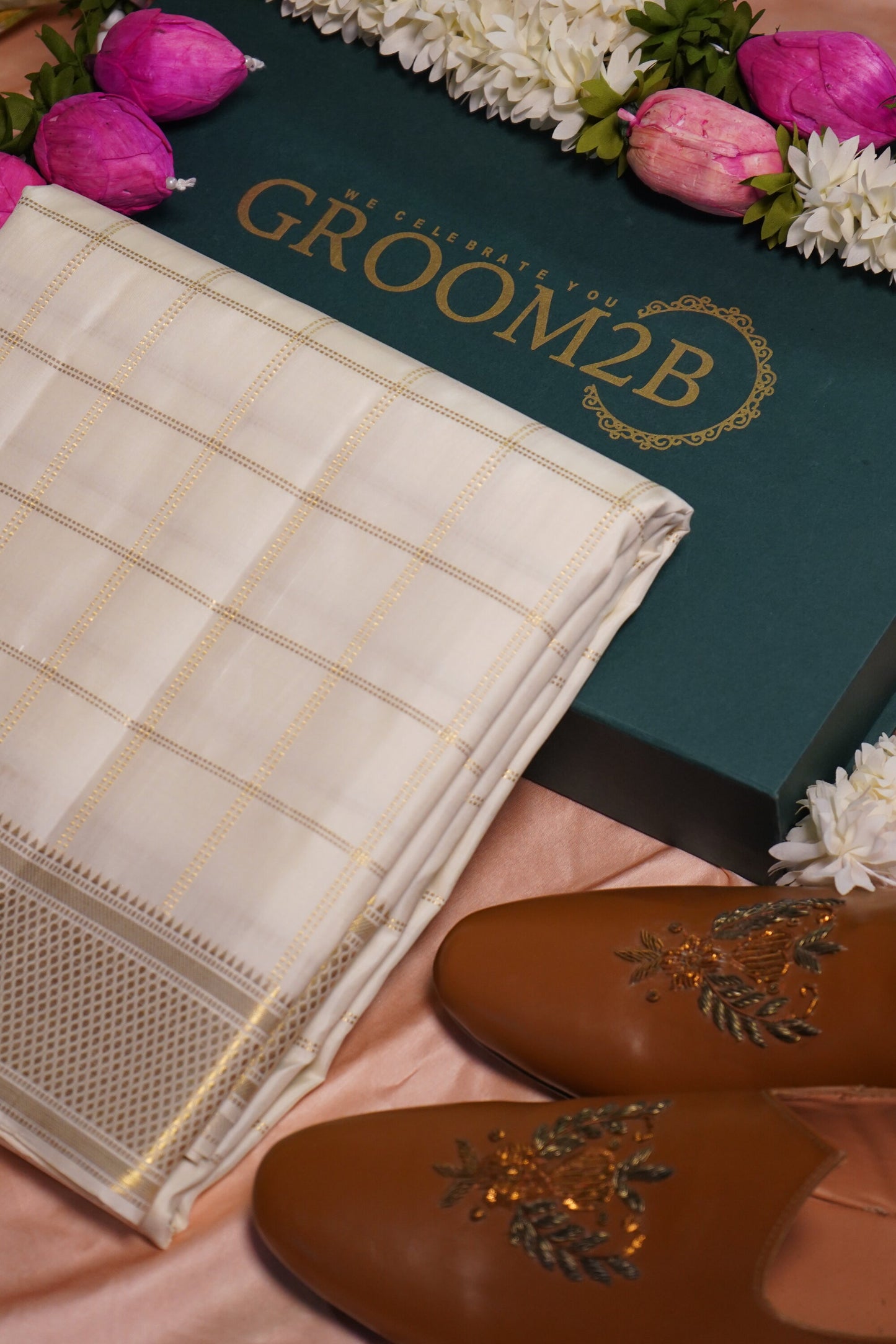 Men’s Pure Pattu Pancha in off white with kanchi cheques Set