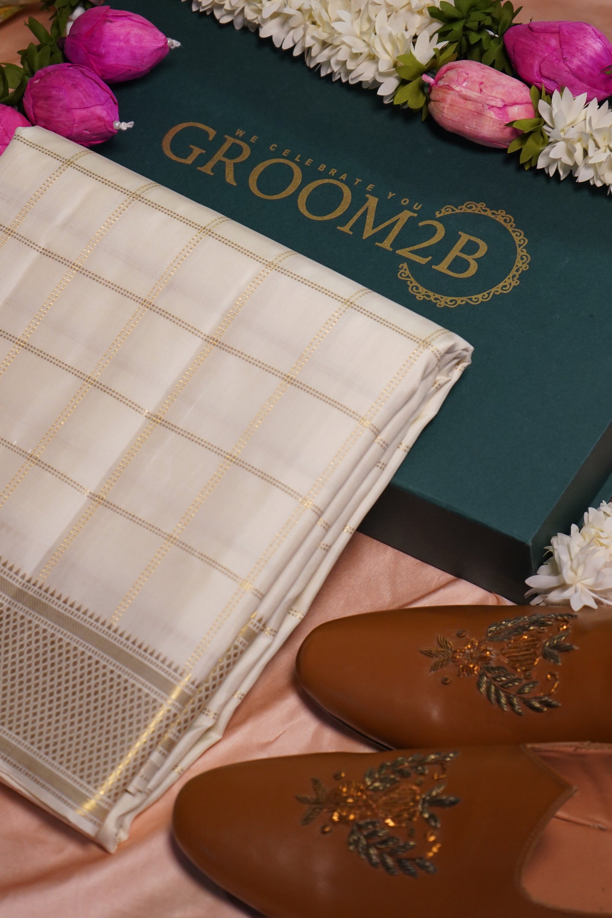 Men’s Pure Pattu Pancha in off white with kanchi cheques Set