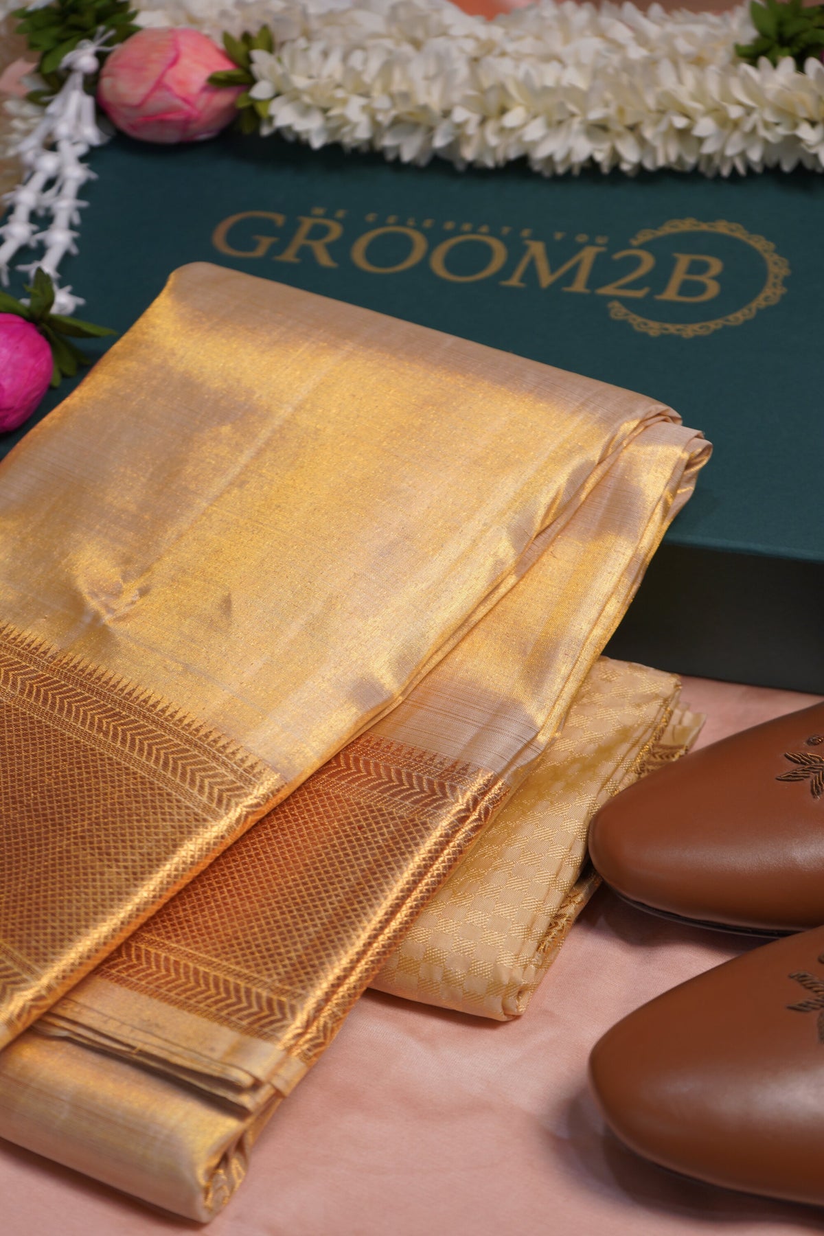 Men’s Tissue Pattu Pancha in Sandal wood Gold Set