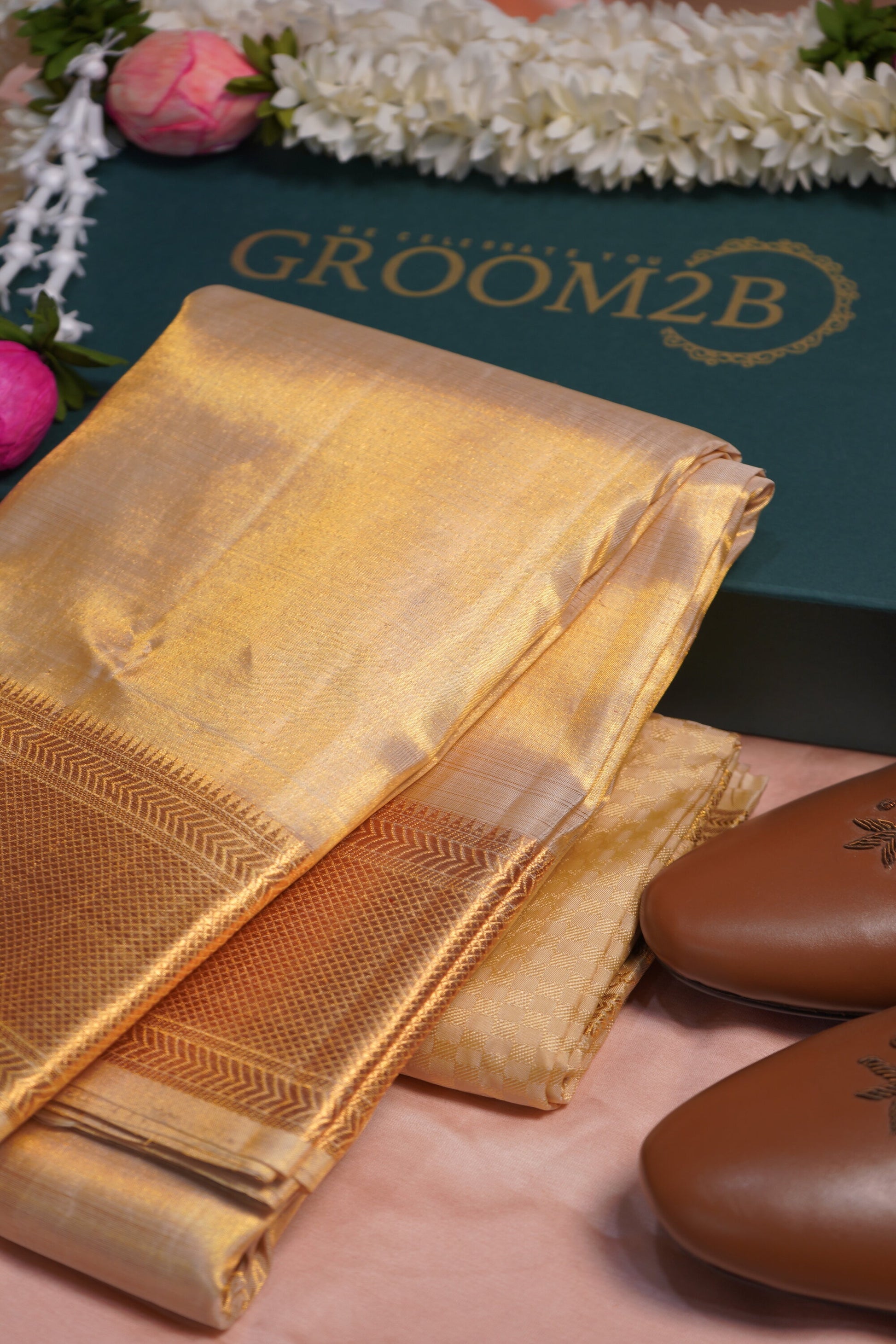 Men’s Tissue Pattu Pancha in Sandal wood Gold Set