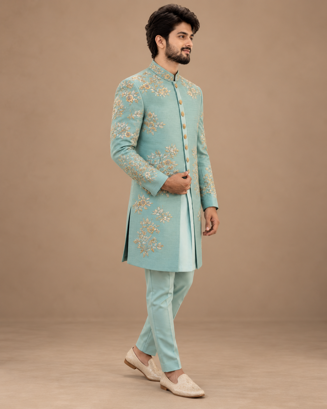 Pastel Mint Embroidered Indo-Western Sherwani