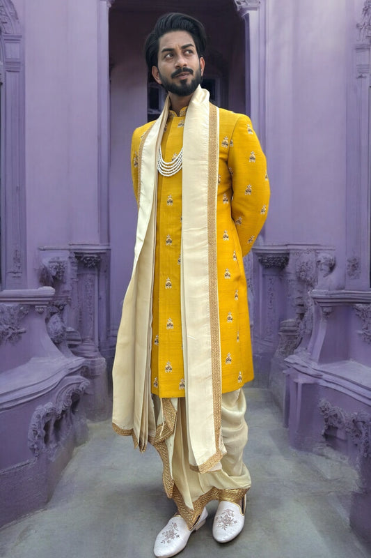 Mustard Yellow Sherwani with boota work