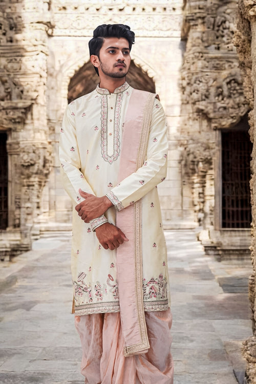 Off-White Semi Pattu Embroidered Kurta