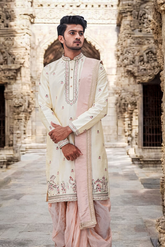 Off-White Semi Pattu Embroidered Kurta