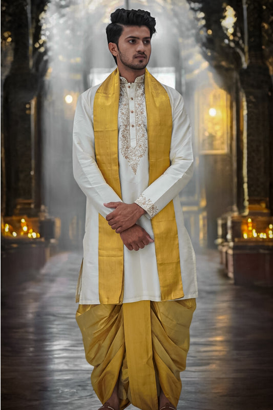 Off-white embroidered Pattu kurta