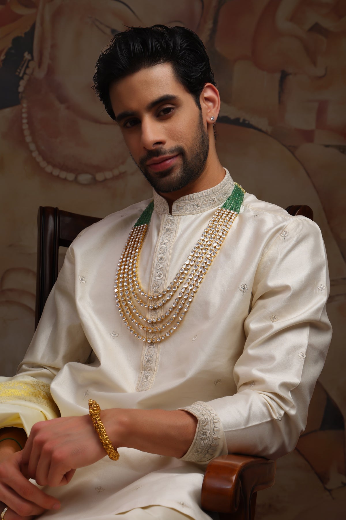 Off-white pure pattu pancha set with zari and resham embroidery