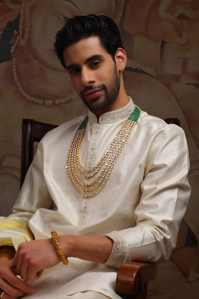 Off-white pure pattu pancha set with zari and resham embroidery