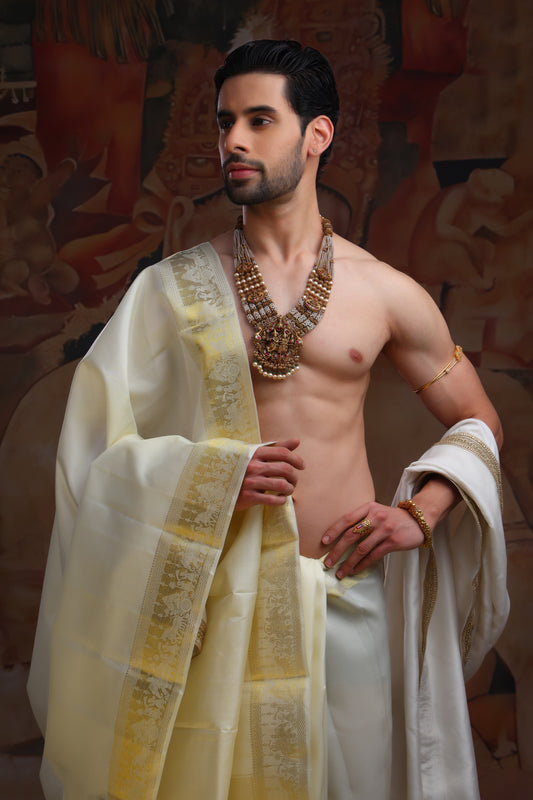 Off-white pure pattu pancha set with zari and resham embroidery