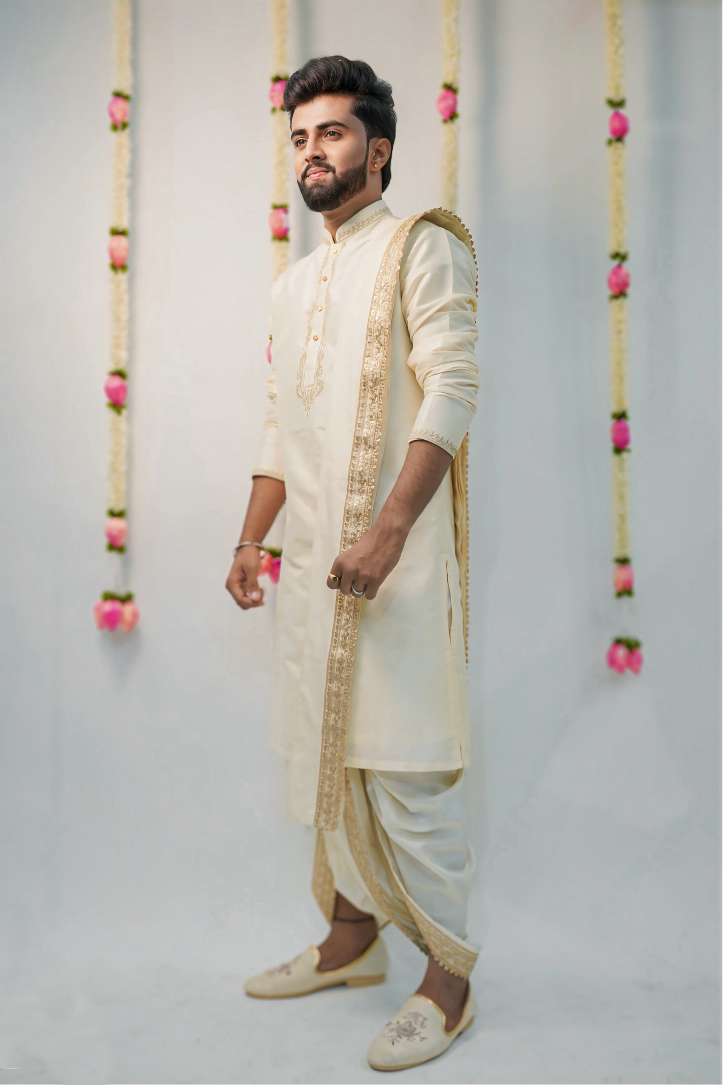 Off-white semi pattu pancha set with zari work on collar and cuffs