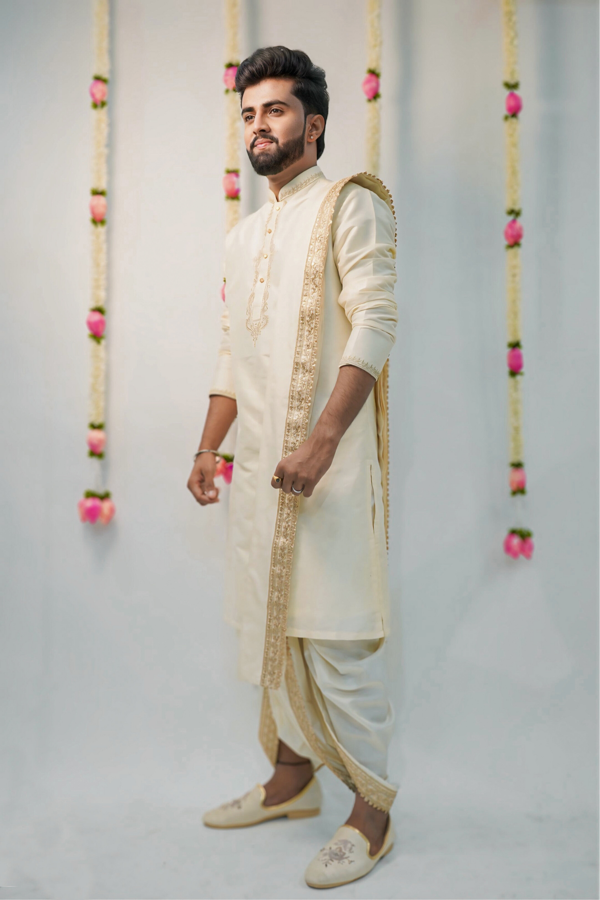 Off-white semi pattu pancha set with zari work on collar and cuffs