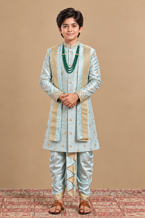 Boys Pastel Blue Gold Sherwani Set