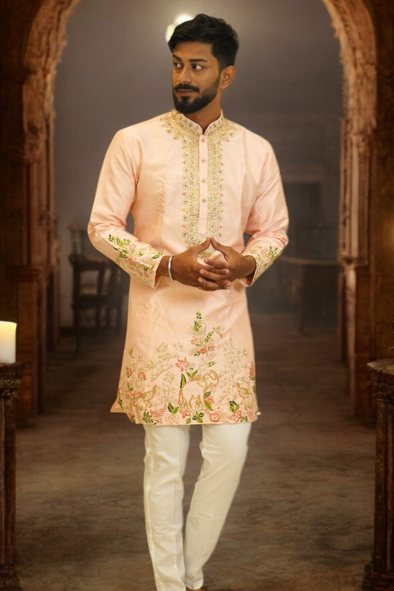 Pastel Peach Designer Kurta & Ponam Pant Set