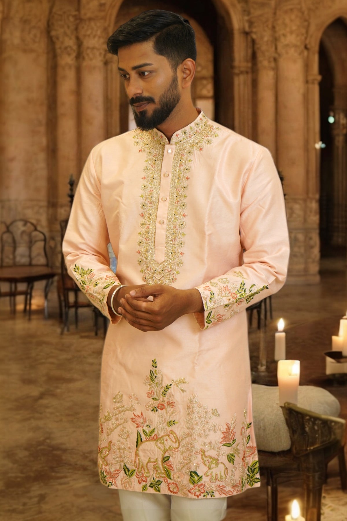 Pastel Peach Designer Kurta & Ponam Pant Set